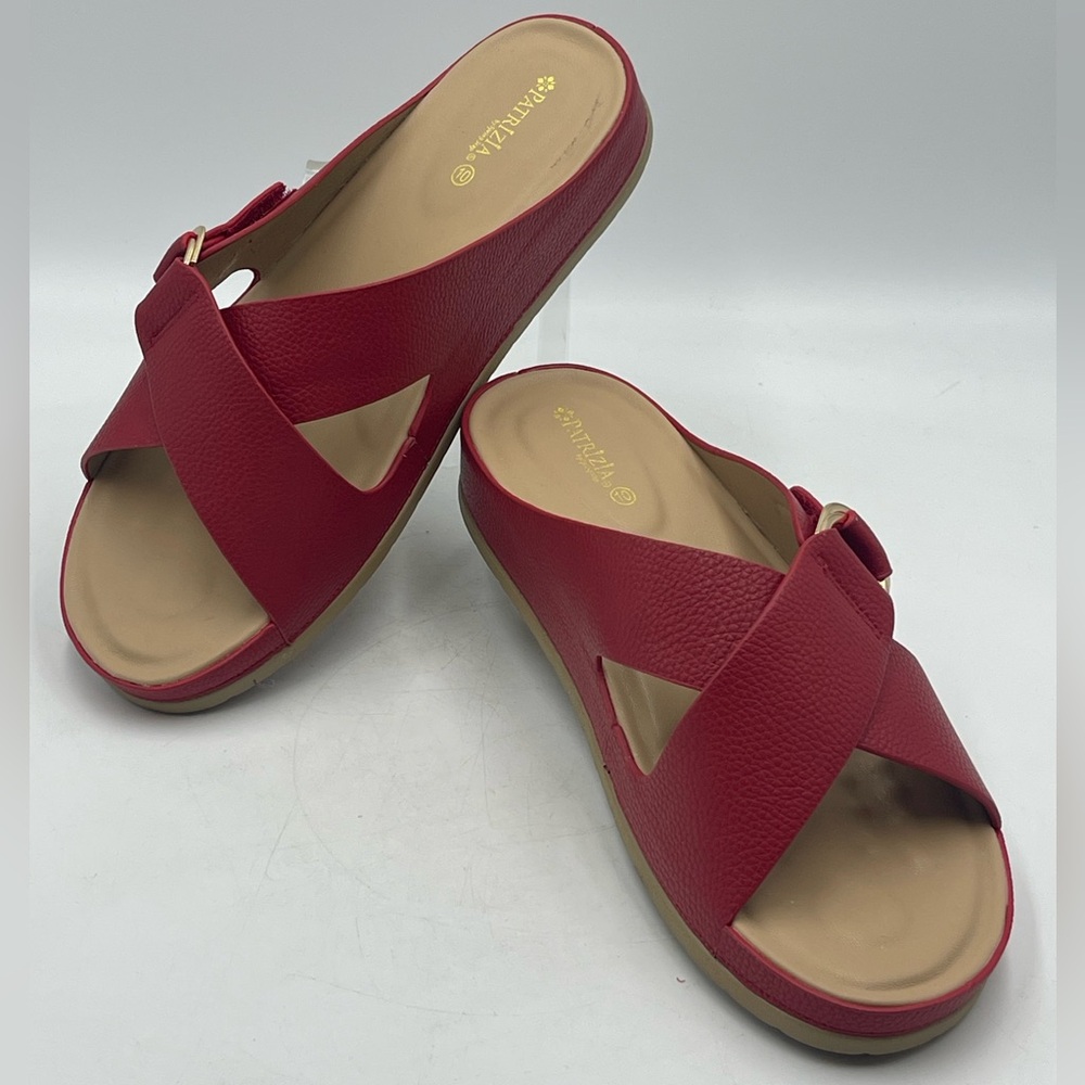 Patrizia by Spring Step: Rutha Red Faux Leather Slide Sandals w/Adjustable Strap